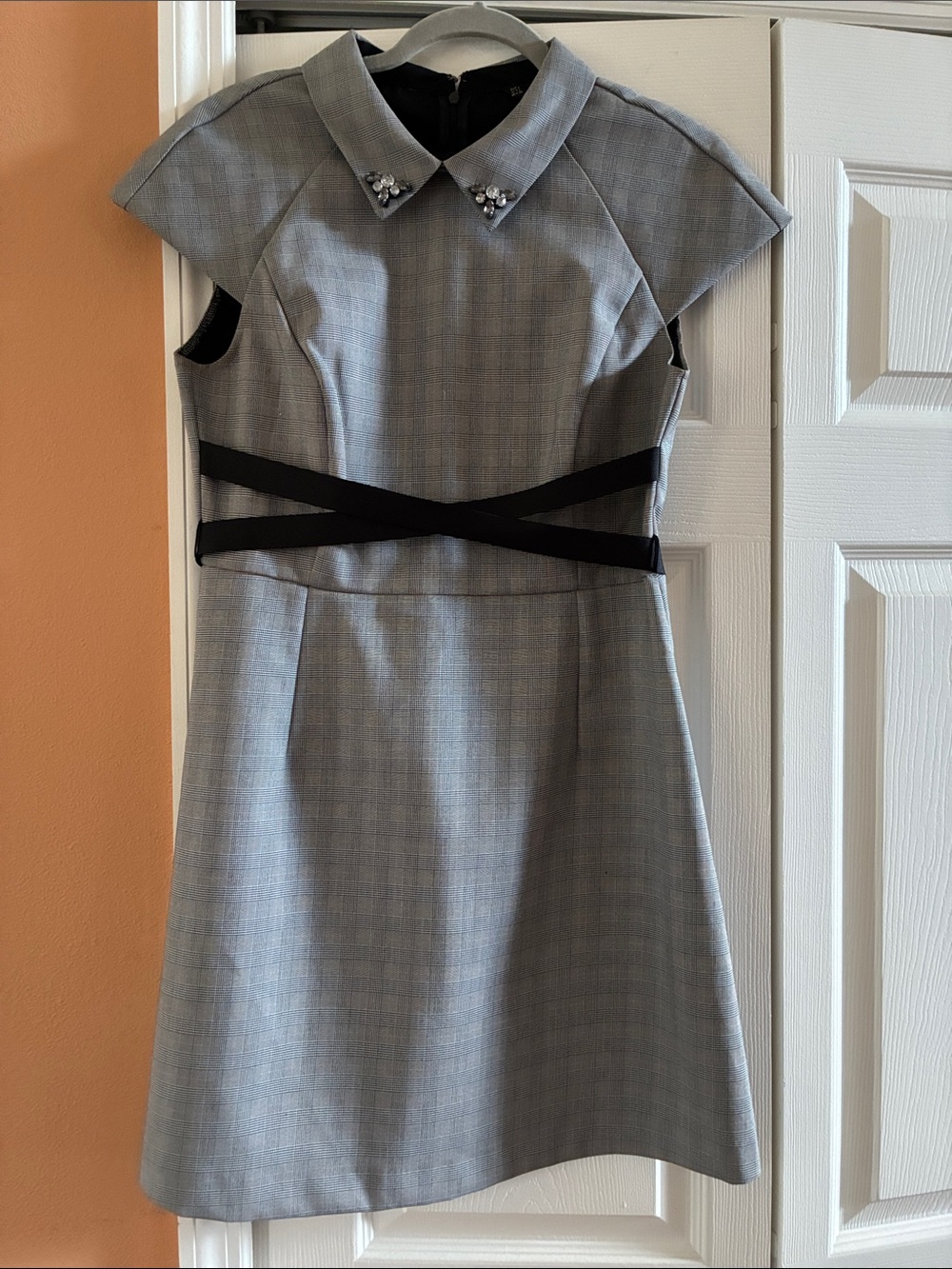 Zara Plaid Structured Mini Dress with Black Waist Straps and Embellished Collar